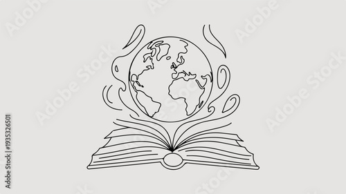 Minimal line art illustration of an open book with the earth emerging from its pages surrounded by swirling lines on a light gray background