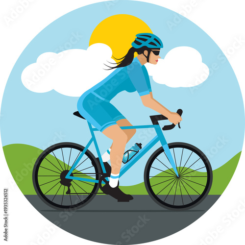 Woman cyclist riding in the countryside. Flat design in blue. Hand-drawn vector illustration.