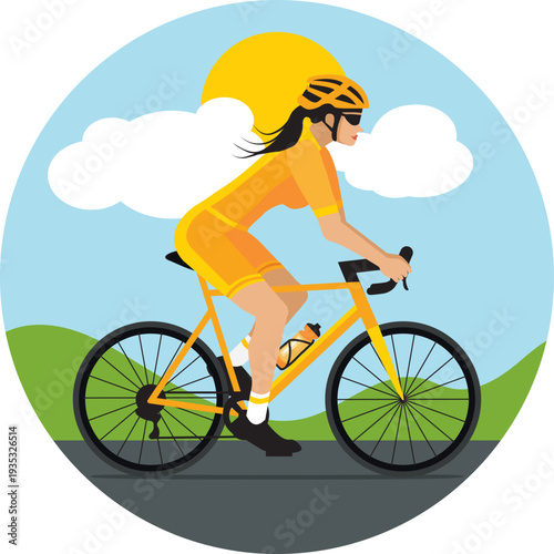 Woman cyclist riding in the countryside. Flat design in ryellow. Hand-drawn vector illustration.