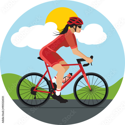 Cyclist woman riding bike in campain. Red flat design. Hand drawn vector illustration. 