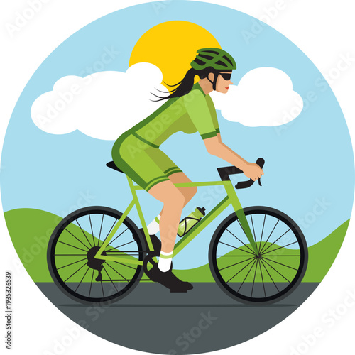Cyclist woman riding bike in campain. Green flat design. Hand drawn vector illustration. 