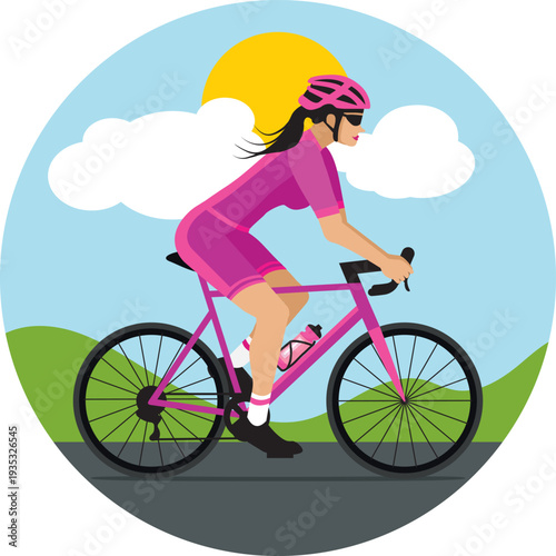 Cyclist woman riding bike in campain. Pink and purple  flat design. Hand drawn vector illustration. 
