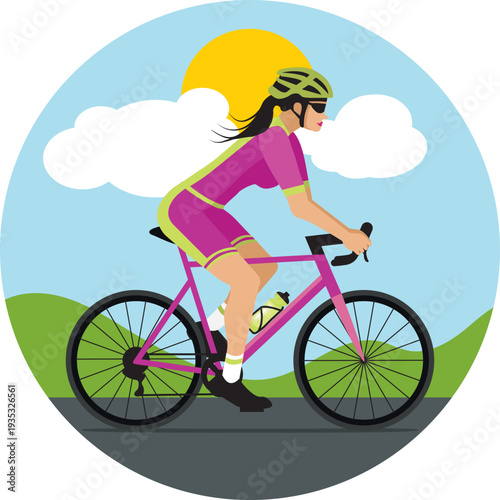 Woman cyclist riding in the countryside. Flat design in purple and green. Hand-drawn vector illustration.