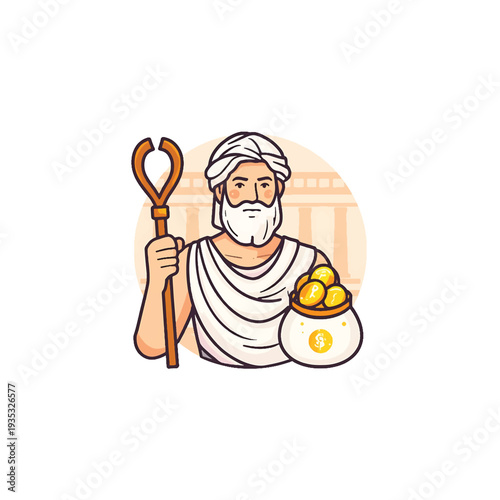 Cartoon depiction of a classical philosopher with financial symbols