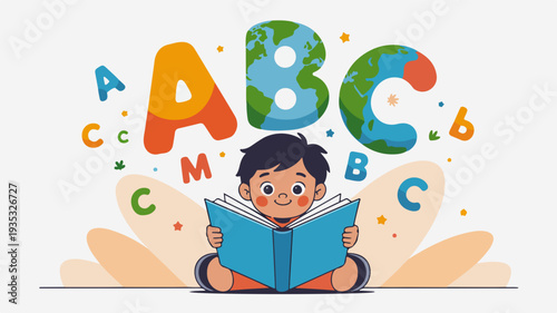 A young child lies on stomach reading a blue book with colorful alphabet letters floating above learning and education concept