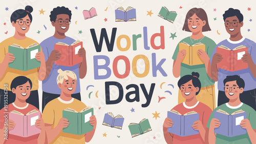 Diverse group of people reading books on world book day with colorful illustration and festive background