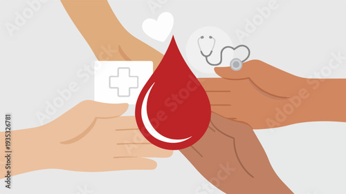 Blood donation concept with diverse hands exchanging a blood drop symbolizing unity and health care