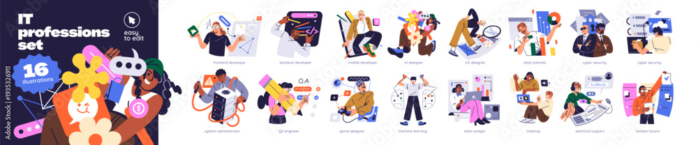 Naklejka premium IT professions set. Different workers in information technology industry: programmers, developers, designers, engineers and analysts. Work in development. Flat isolated vector illustrations on white