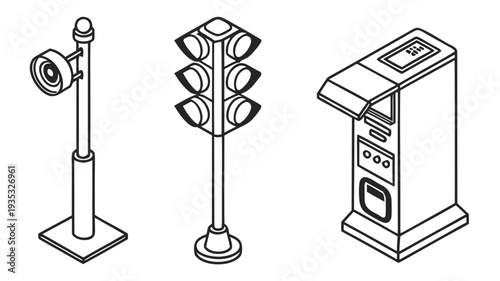 Smart city infrastructure devices in isometric flat style: traffic camera, smart streetlight, parking meter, environmental sensor. Vector icons