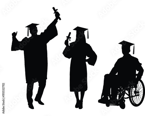 Portrait of man and woman graduate in caps and gowns raising hand holding diplomas standing together black silhouettes vector illustration.