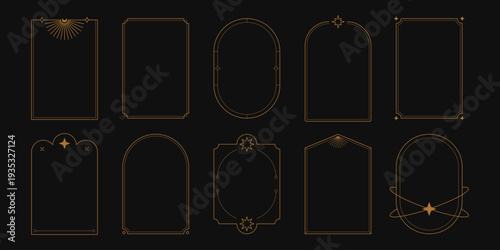 Boho arch frames. Minimal line geometric borders with mystic celestial simple shapes, golden art deco magic nordic esoteric frames for badge logo design. Vector contemporary set