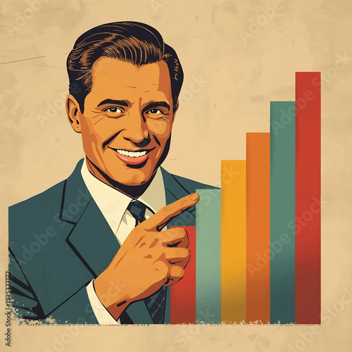 A smiling businessman points to a colorful bar graph illustration