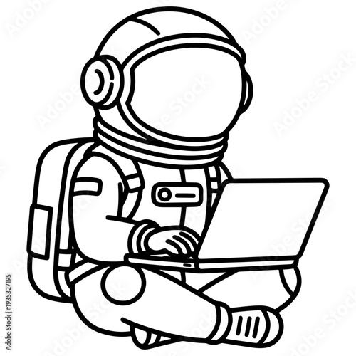 Astronaut using laptop line art illustration, space technology cartoon outline drawing,Astronaut working online, space suit character line art vector design