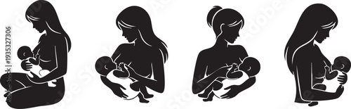 Four black silhouettes of women breastfeeding babies