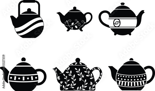 black silhouettes of six teapots with various designs and patterns