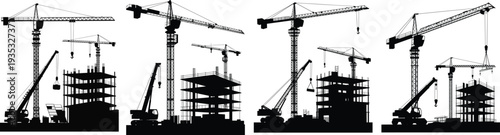 Multiple building projects under construction with cranes and frame structures
