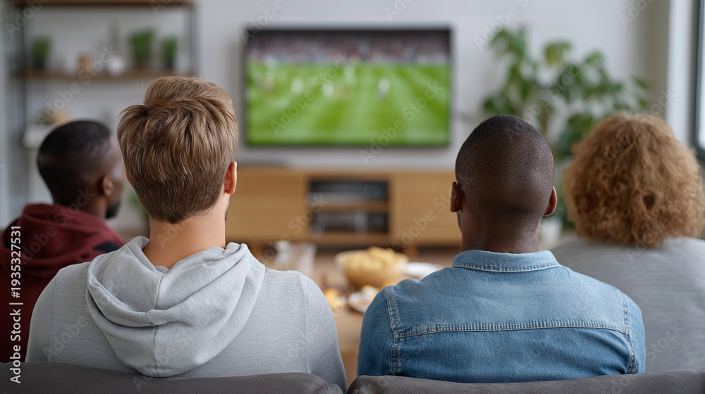 Fototapeta premium Group of friends watching football on television at home. People enjoy sport broadcast with snack. Leisure time and entertainment concept.