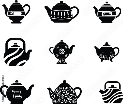 black tea pot icons in various designs on white background