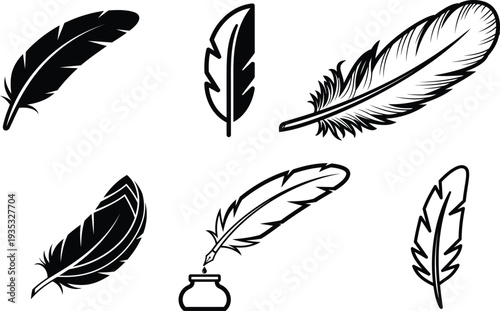 Collection of realistic feather icons and quill pen in inkwell on transparent background