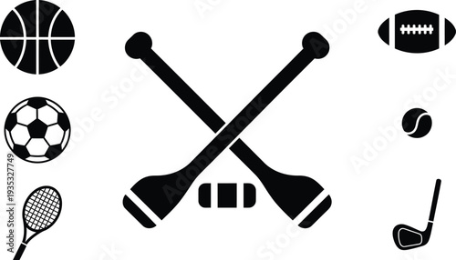collection of sports icons including hockey sticks and balls