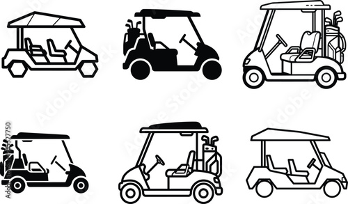 Collection of six golf cart illustrations in various styles and angles