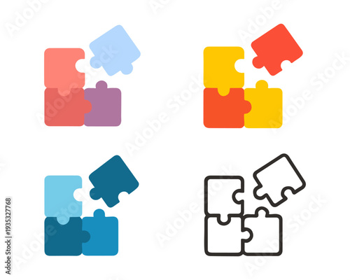 Puzzle Icons Set – Colorful Jigsaw Pieces, Teamwork, Problem Solving, and Connection. Editable Stroke Vector Illustrations