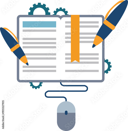 Open notebook with pens, gears, mouse representing planning, strategy, innovation, digital workflow concept.
