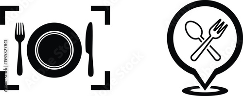 dining icons with plate fork knife and spoon on white background