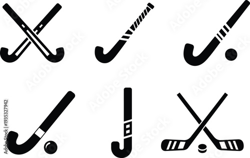 Field hockey sticks and balls icons set for sports equipment design