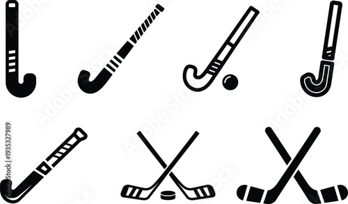 field hockey sticks and puck icons  various sport equipment