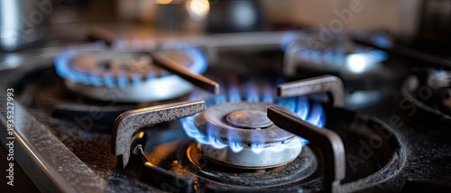 Close-up view of a gas stove with blue flames burning in a kitchen during the day showing cooking area and kitchen appliances in background