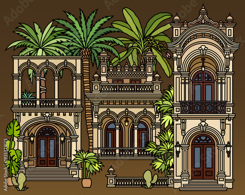 Flat line art vector illustration of tropical colonial buildings and palm trees. Vintage Mediterranean architecture facade with ornate details and balconies on blue sky background.