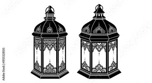 Elegant black lanterns with intricate geometric and floral designs displayed side by side Vector, illustration