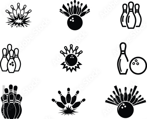 Set of black bowling icons with balls and pins in various positions and actions