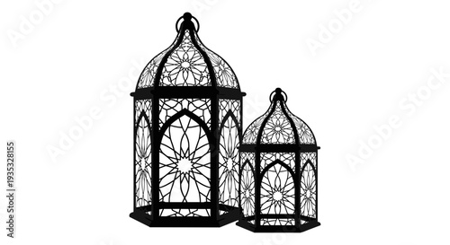 Elegant black and white iron garden conservatories with intricate geometric designs Vector, illustration
