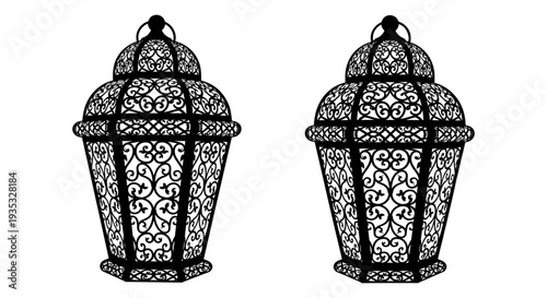 Intricate vintage lanterns with ornate metalwork designs displayed side by side Vector, illustration
