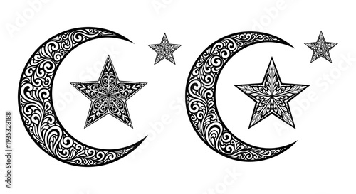 Intricate crescent moons paired with ornate stars in detailed black and white design Vector, illustration
