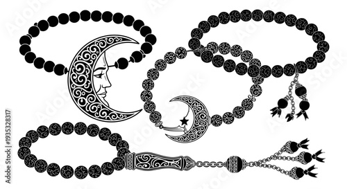 Intricate black beaded prayer ropes and rosary accessories displayed in detailed design Vector, illustration