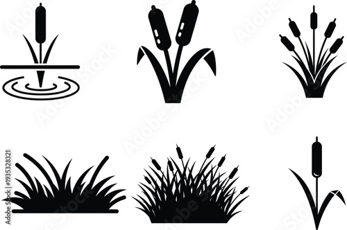set of cattail silhouettes in various poses and arrangements