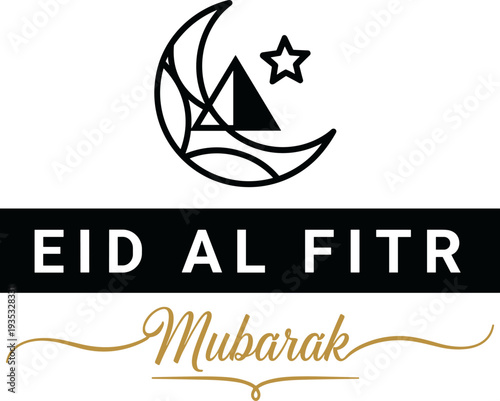 Eid Al Fitr Mubarak greeting card with geometric crescent moon and star line art icon on white background for Islamic celebration.