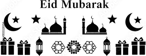 Eid Mubarak vector elements set with mosque silhouettes crescent moon stars lanterns gift boxes and geometric patterns for Islamic holiday celebration design