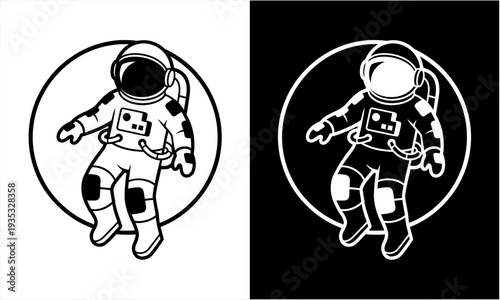 Astronaut floating in space suit, black and white illustration.