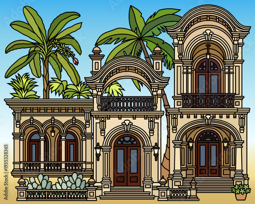 Flat line art vector illustration of tropical colonial buildings and palm trees. Vintage Mediterranean architecture facade with ornate details and balconies on blue sky background.