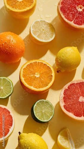 Fresh citrus fruits sliced cross section flat lay with orange lemon and lime on pastel background