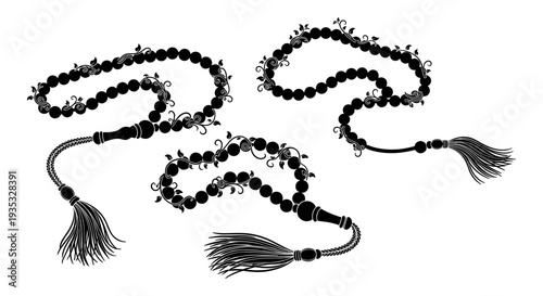 Traditional black beaded prayer ropes with tassels attached at both ends Vector, illustration