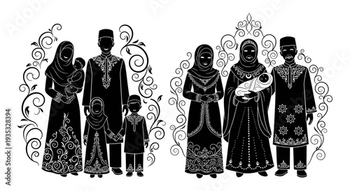 Two families standing together in traditional attire with intricate patterns Vector, illustration
