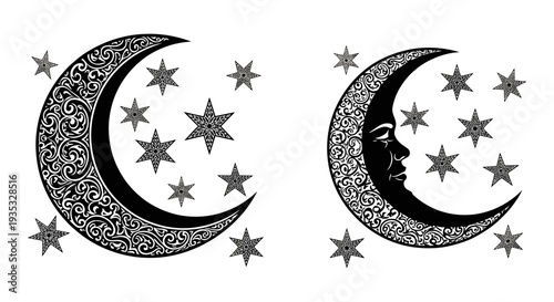 Intricate crescent moons adorned with celestial star patterns in elegant black and white art Vector, illustration