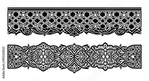 Intricate black and white arabesque border patterns on a plain background Vector, illustration