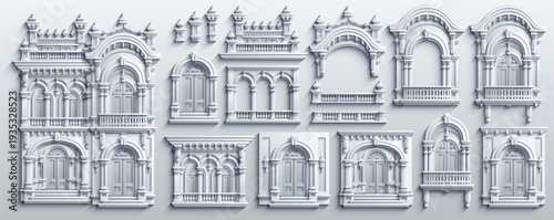 White paper cut vector set of colonial building facades. Minimalist 3D architectural elements with soft shadows, ornate windows and doors. Bas-relief style isolated on white.