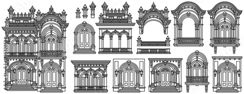 Black and white line art vector construction kit of colonial architecture. Set of isolated architectural elements, ornate windows, doors and facades. Coloring book page architectural details.
